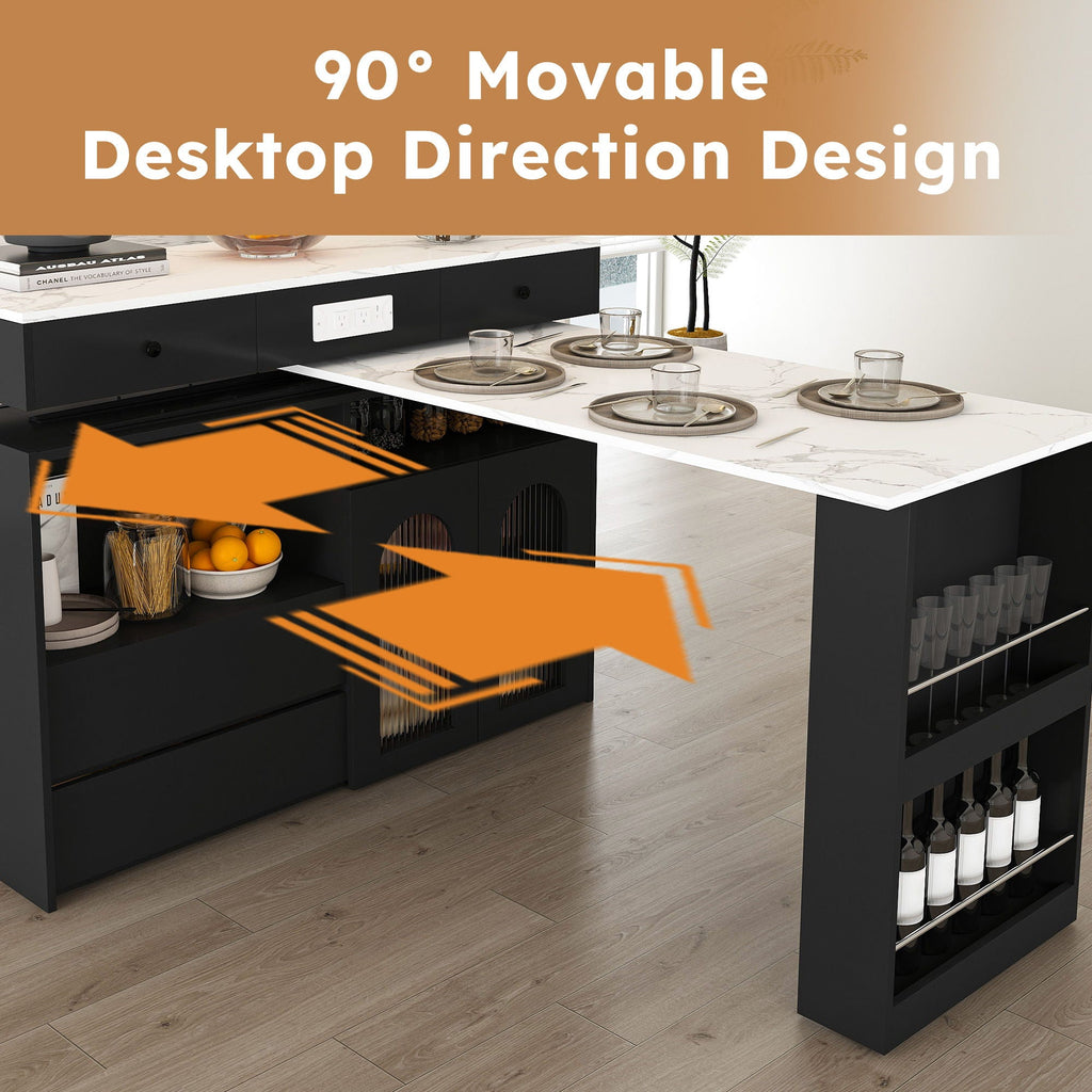 Kitchen Island, Extendable Rotating Table, 4 Drawers & Glass Doors