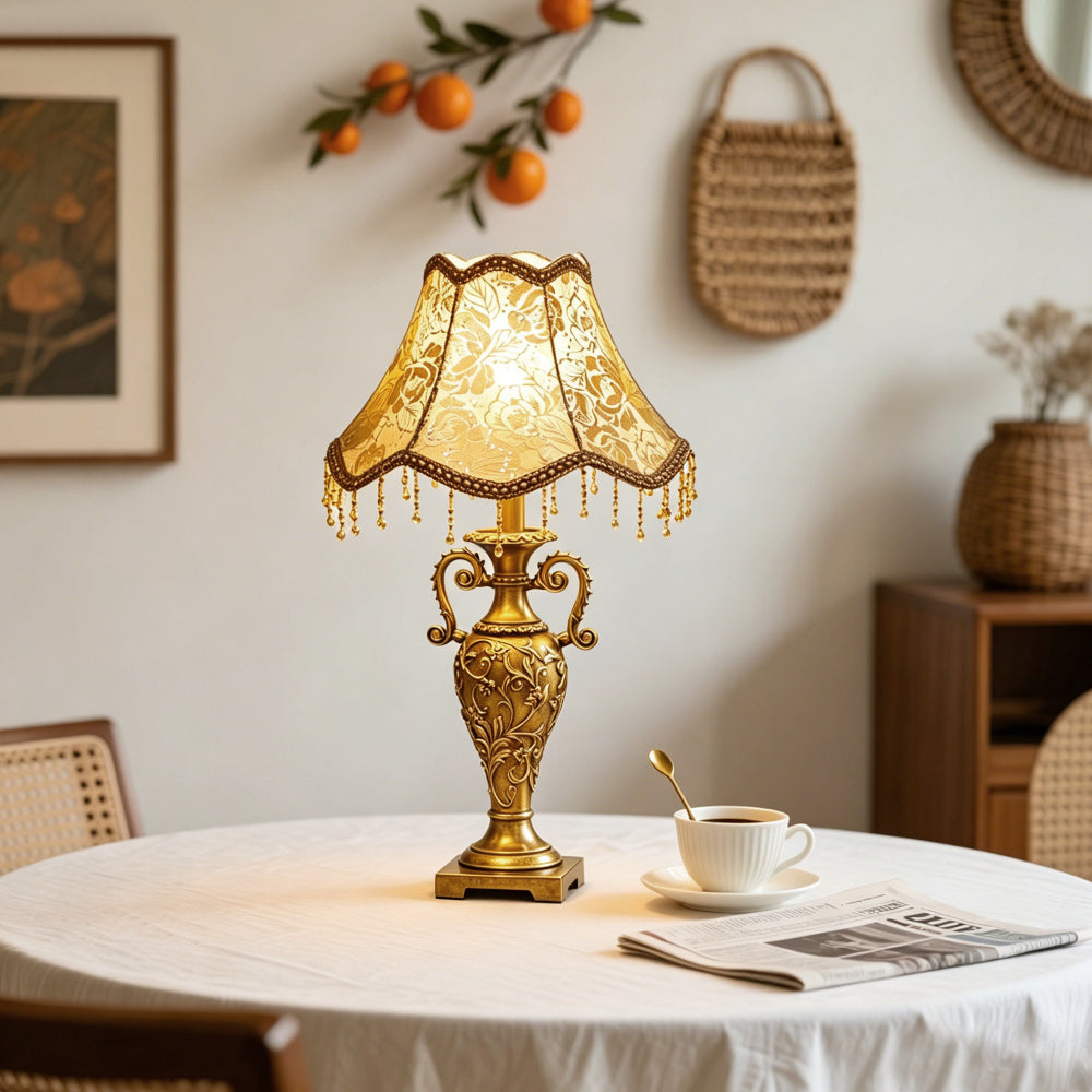 Antique Brass Table Lamp – Floral Fabric Drum Shade