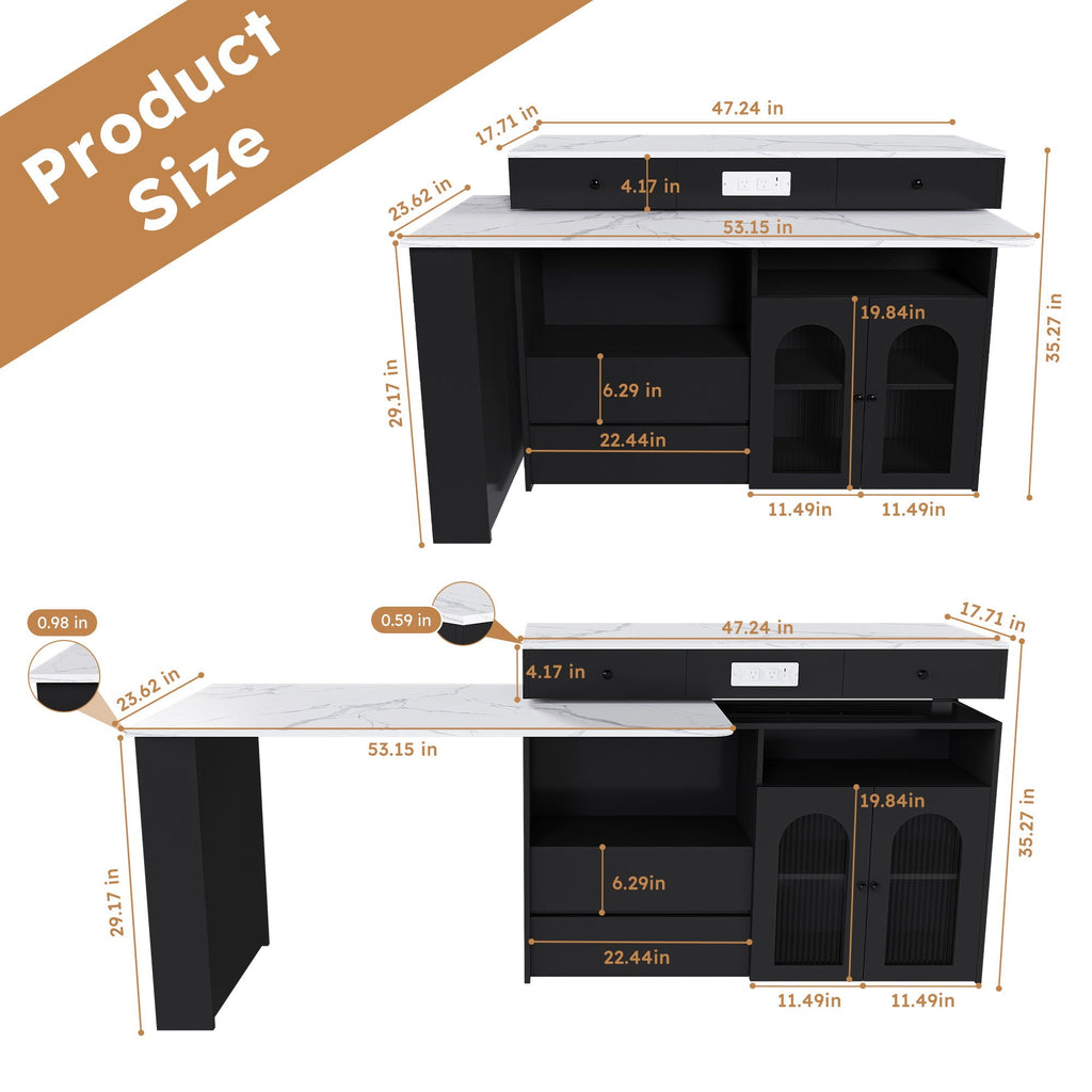 Kitchen Island, Extendable Rotating Table, 4 Drawers & Glass Doors