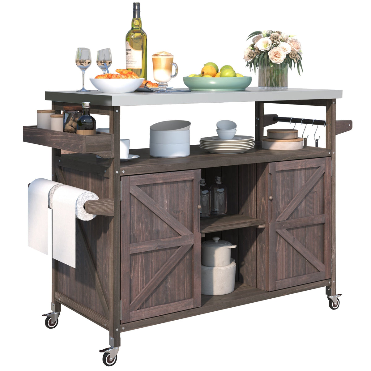 Outdoor Kitchen Island, Rolling Bar Cart & Storage Cabinet