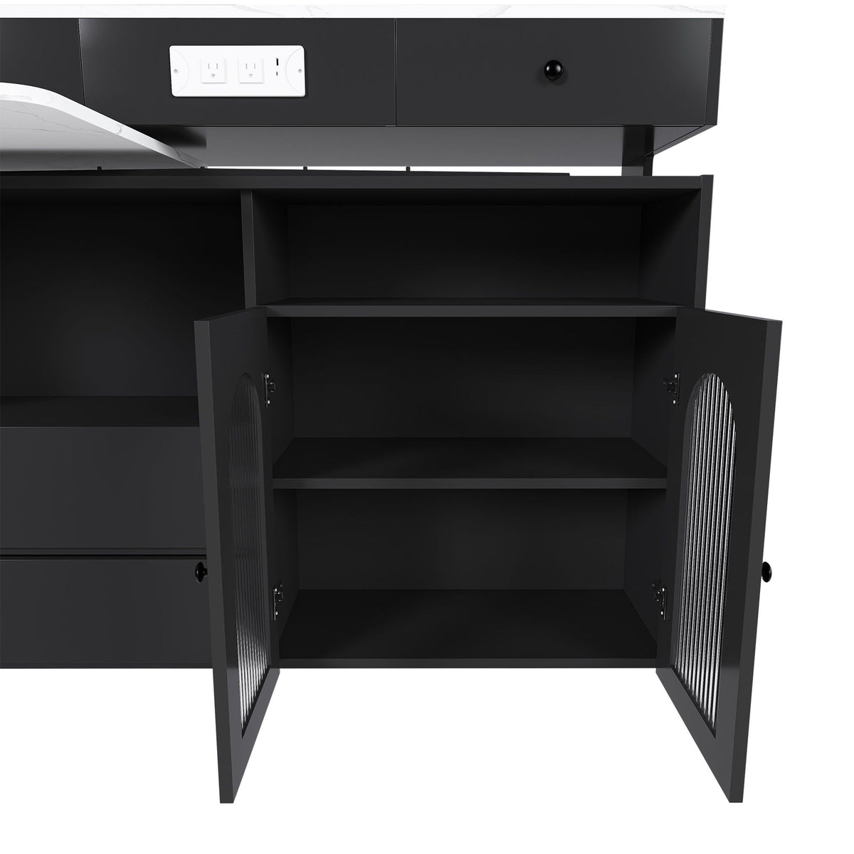 Kitchen Island, Extendable Rotating Table, 4 Drawers & Glass Doors