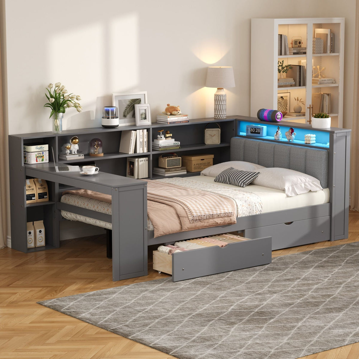 Platform Bed With Upholstered Headboard, Storage Shelves, Drawers, Charging Station, LED Lighting, Built In Desk
