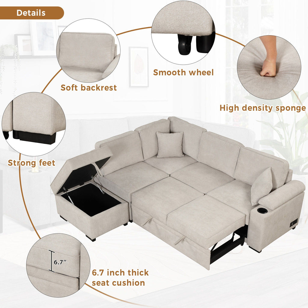2 In 1 Pull Out Sofa Bed, L Shape Couch With Storage Ottoman