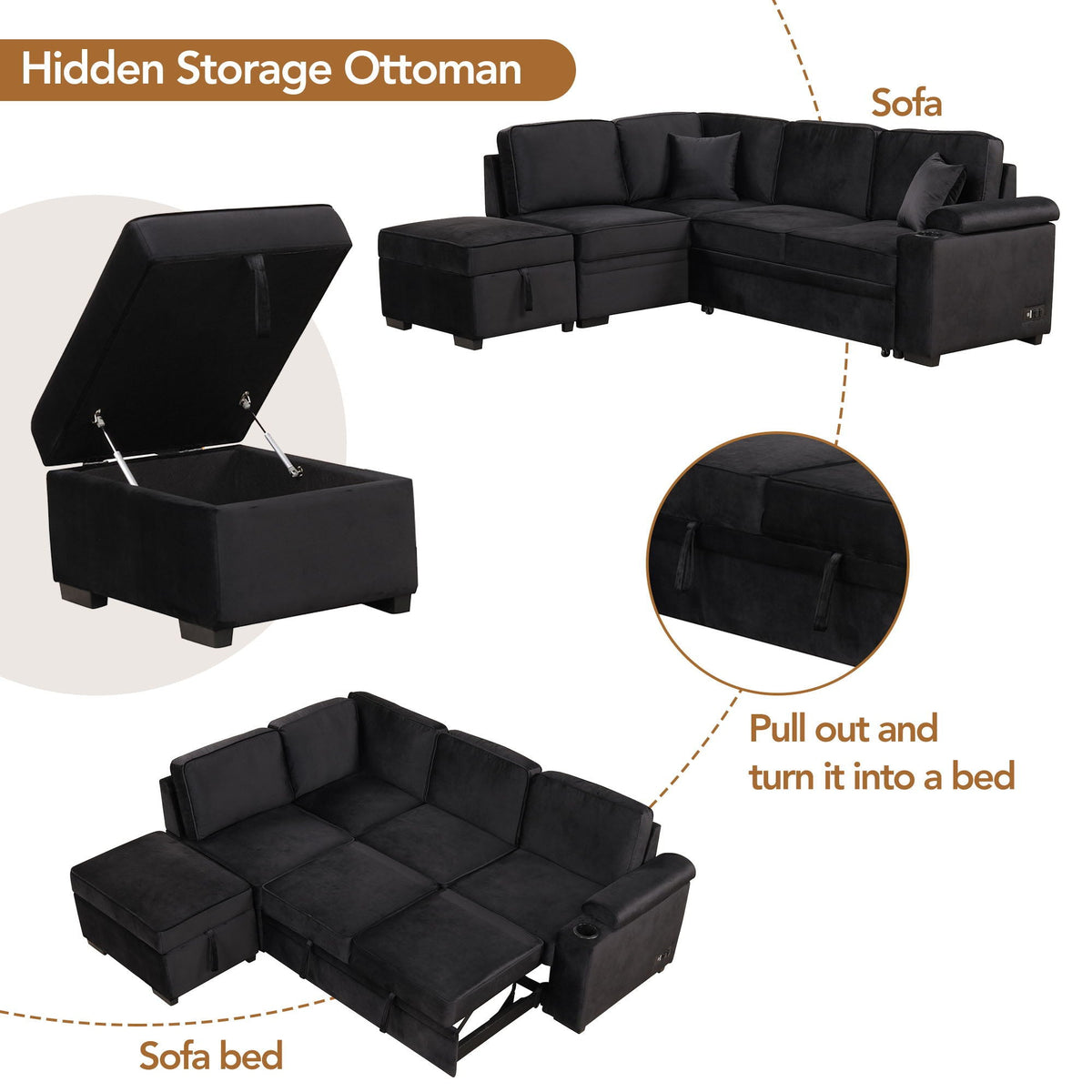 2 In 1 Pull Out Sofa Bed, L Shape Couch With Storage Ottoman