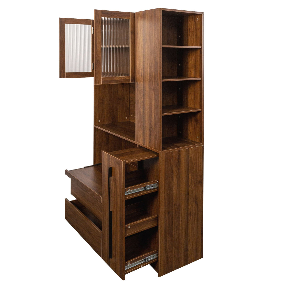 Tall Kitchen Pantry Cabinet With 4 Tier Side Shelf, 2 Drawers