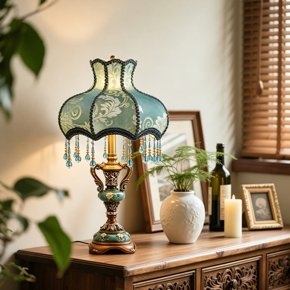 Victorian Floral Table Lamp – Lace Lampshade & Beaded Fringe, Antique Bedside Night Light