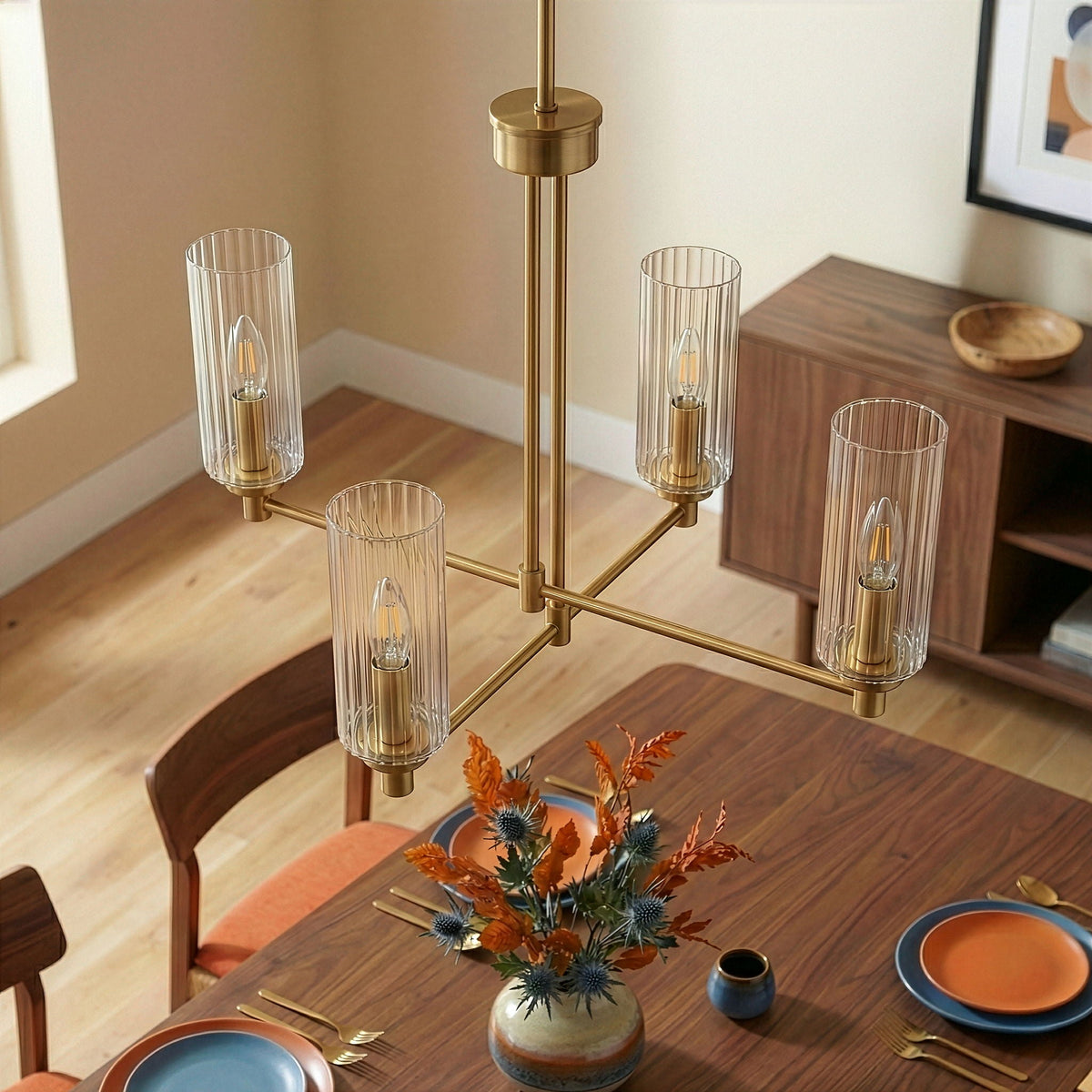 4 Lights Chandelier With Clear Ribbed Satin - Antique Brass