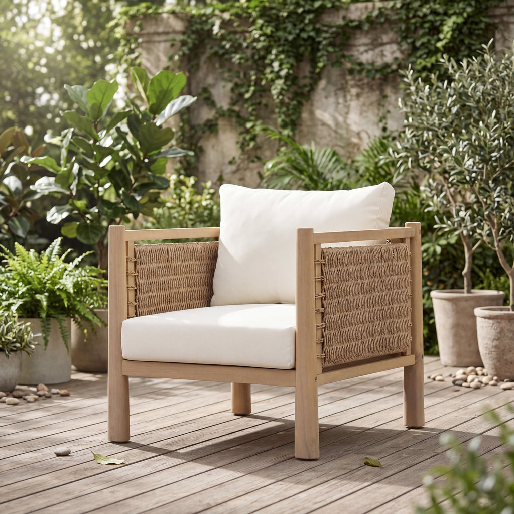 Outdoor Acacia Wood Patio Chair with Cushions - Light Brown
