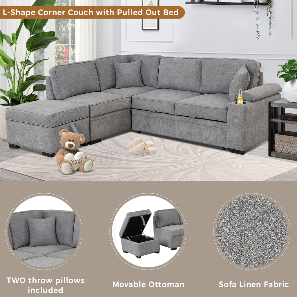 2 In 1 Pull Out Sofa Bed, L Shape Couch With Storage Ottoman