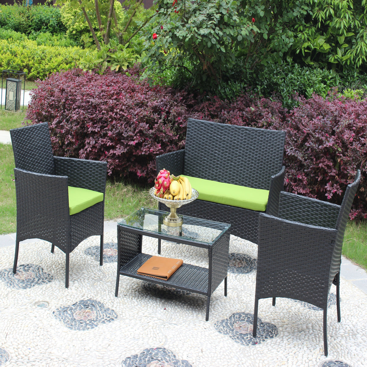 4 PC Rattan Patio Set Outdoor Cushioned Wicker Sofa Green Cushion