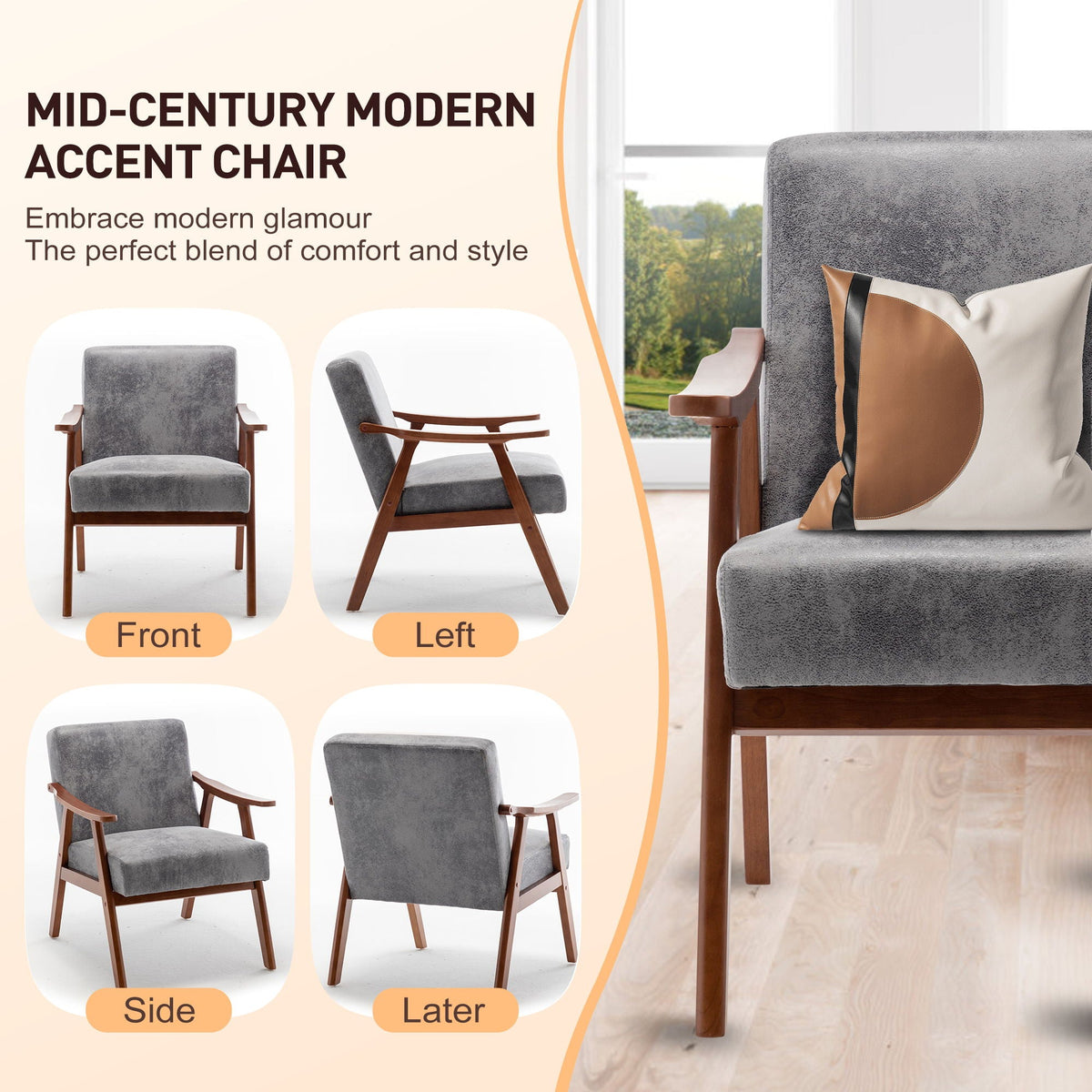 Mid Century Modern Accent Chair With Solid Wood Frame
