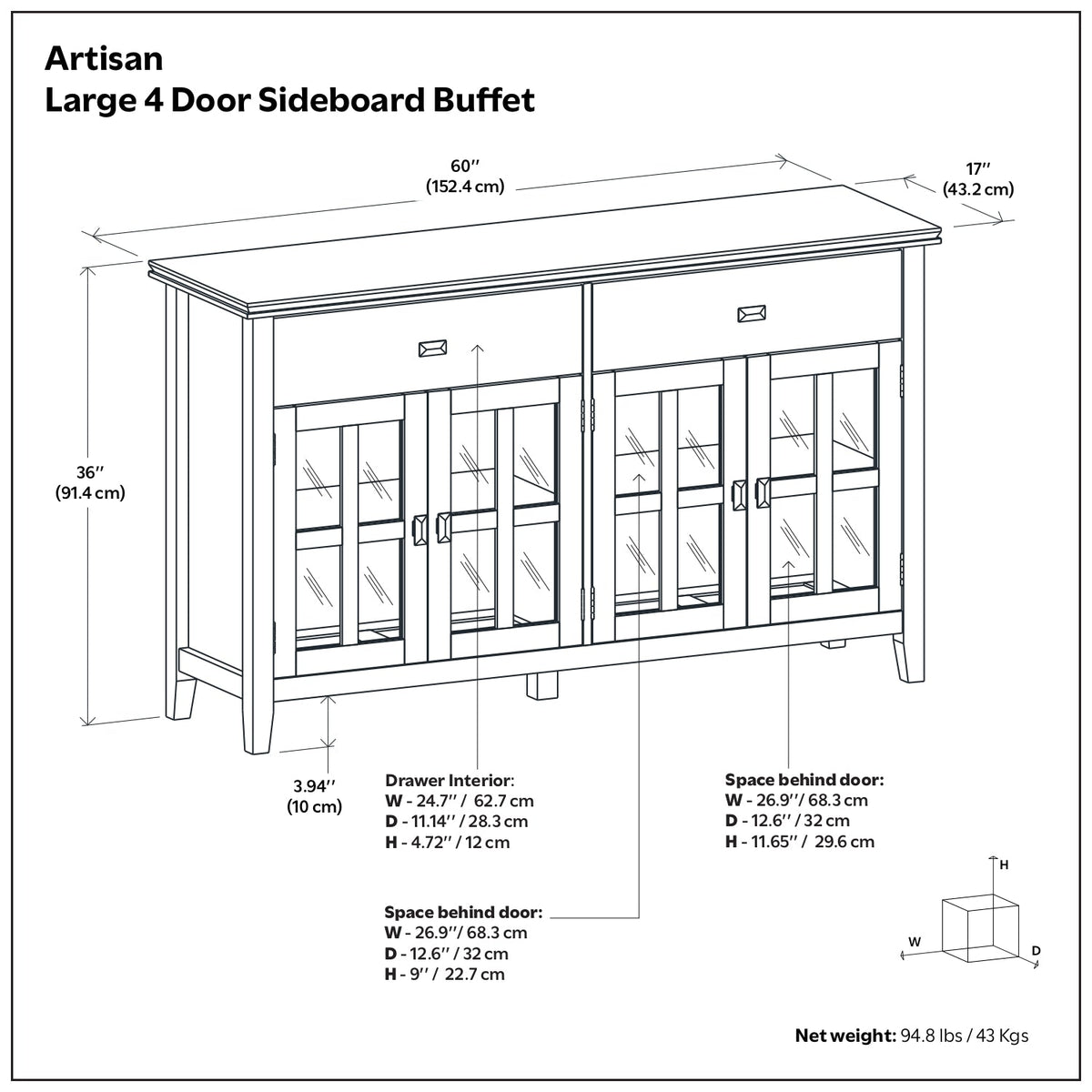 Artisan Large 4 Door Sideboard Buffet