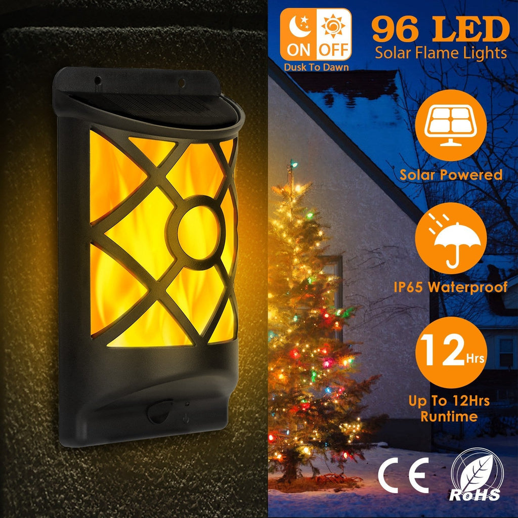 Flame Solar Lights 96 LEDs Waterproof Flickering Flame Wall Mount Lamp Auto On Off