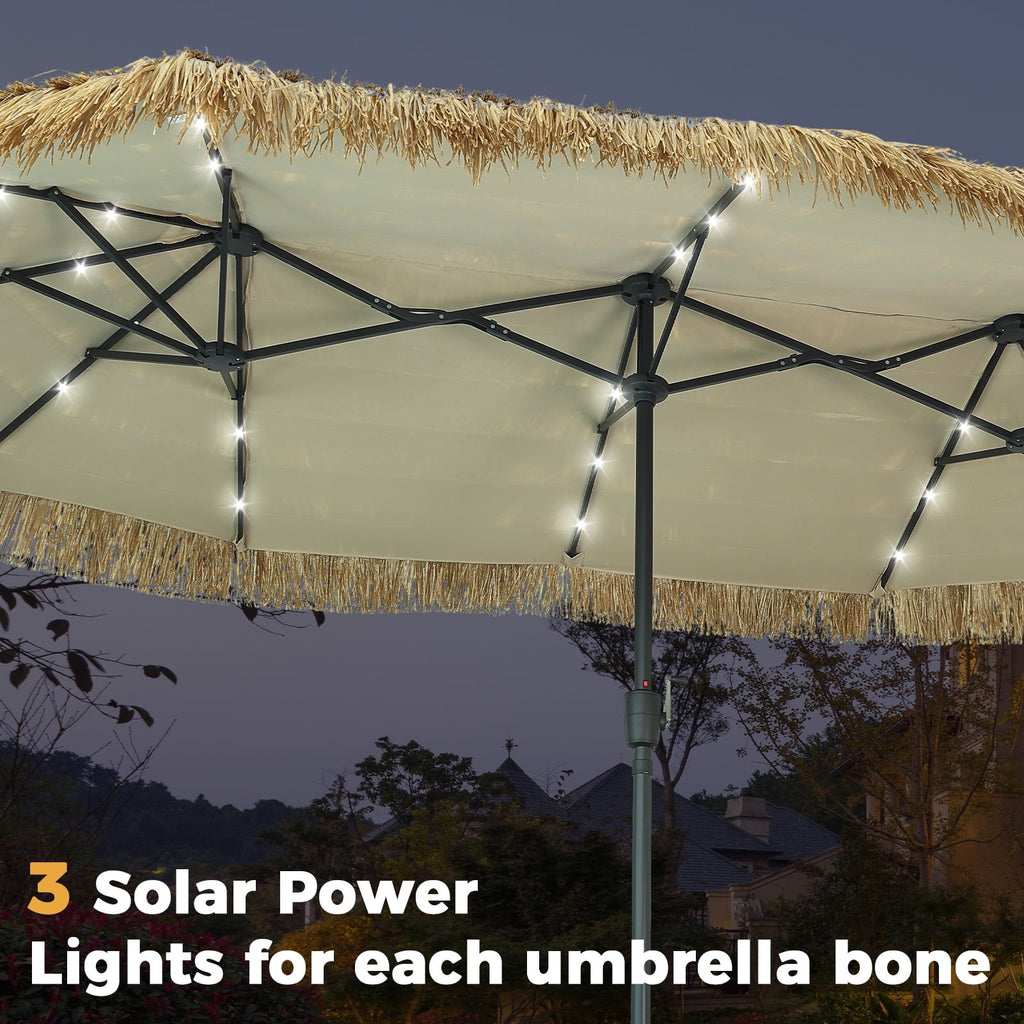 13ft Large Thatched Tiki Patio Umbrella with Solar LED Lights