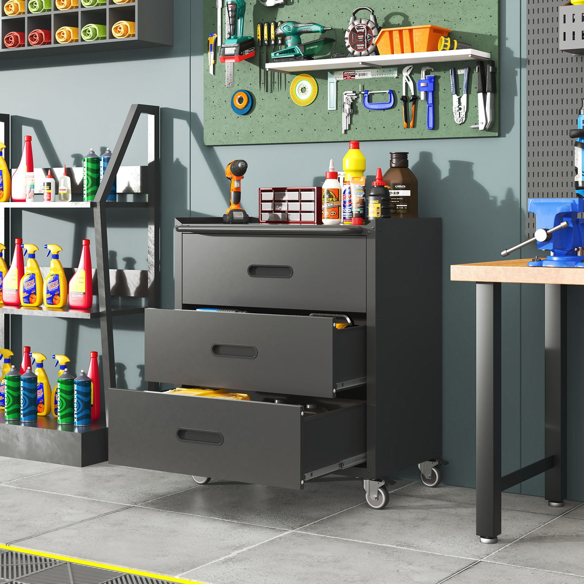 Heavy Duty Metal Storage Cabinet With Wheels 3 Drawer Tool Cabinet