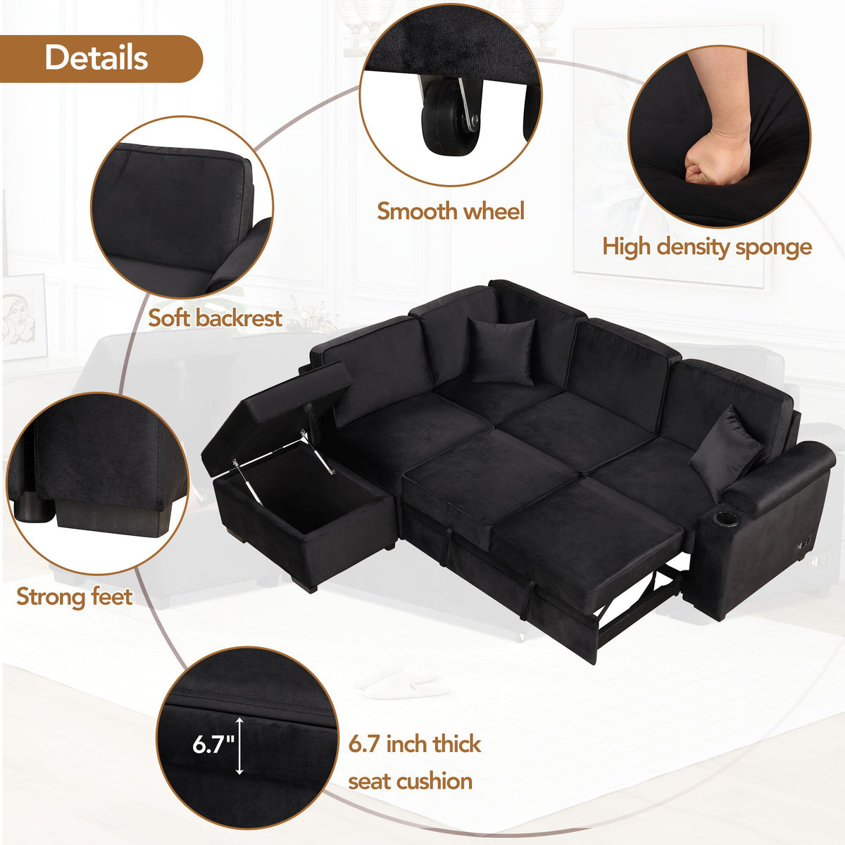 2 In 1 Pull Out Sofa Bed, L Shape Couch With Storage Ottoman