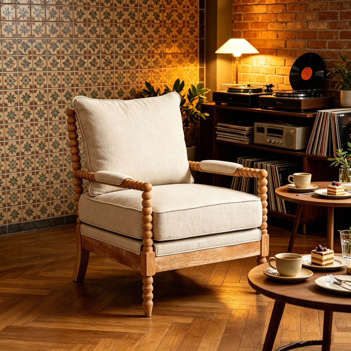 Rubber Wood Accent Chair - Upholstered Fabric Living Room Chair