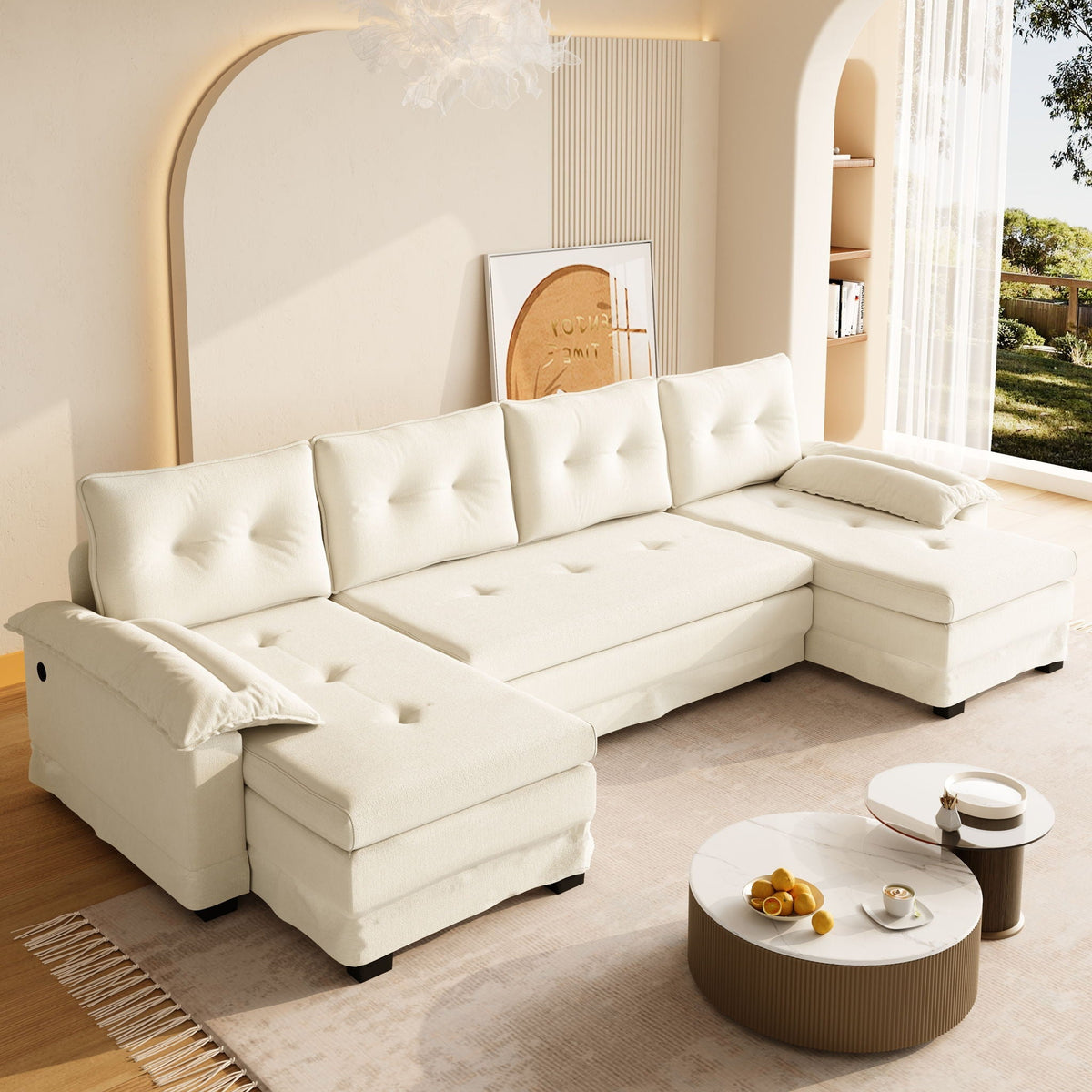 U-Shaped Sleeper Sofa With Pull Out Bed, Removable Armrests & USB Ports