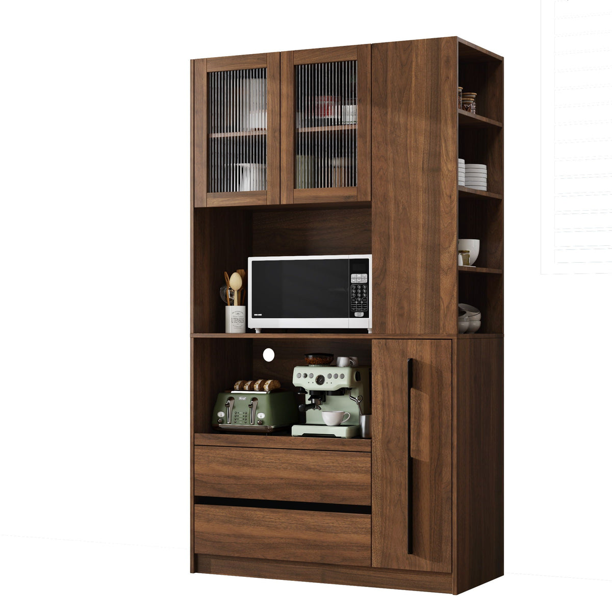 Tall Kitchen Pantry Cabinet With 4 Tier Side Shelf, 2 Drawers