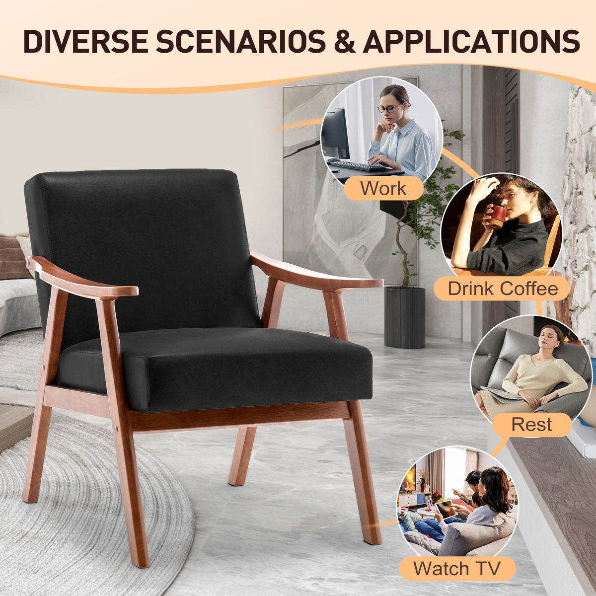 Mid Century Modern Accent Chair With Solid Wood Frame