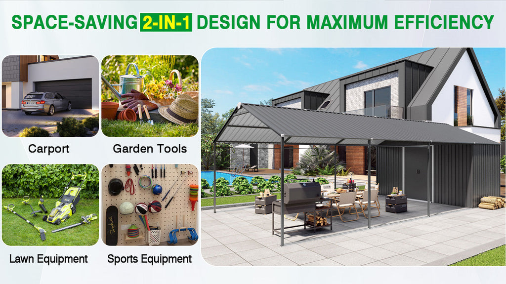 12x25 FT Galvanized Steel Carport with Shelter and Shed