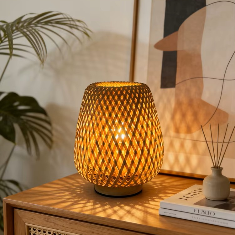 Hollow Woven Bamboo Table Lamp | Open-Weave Bamboo Bedside Light