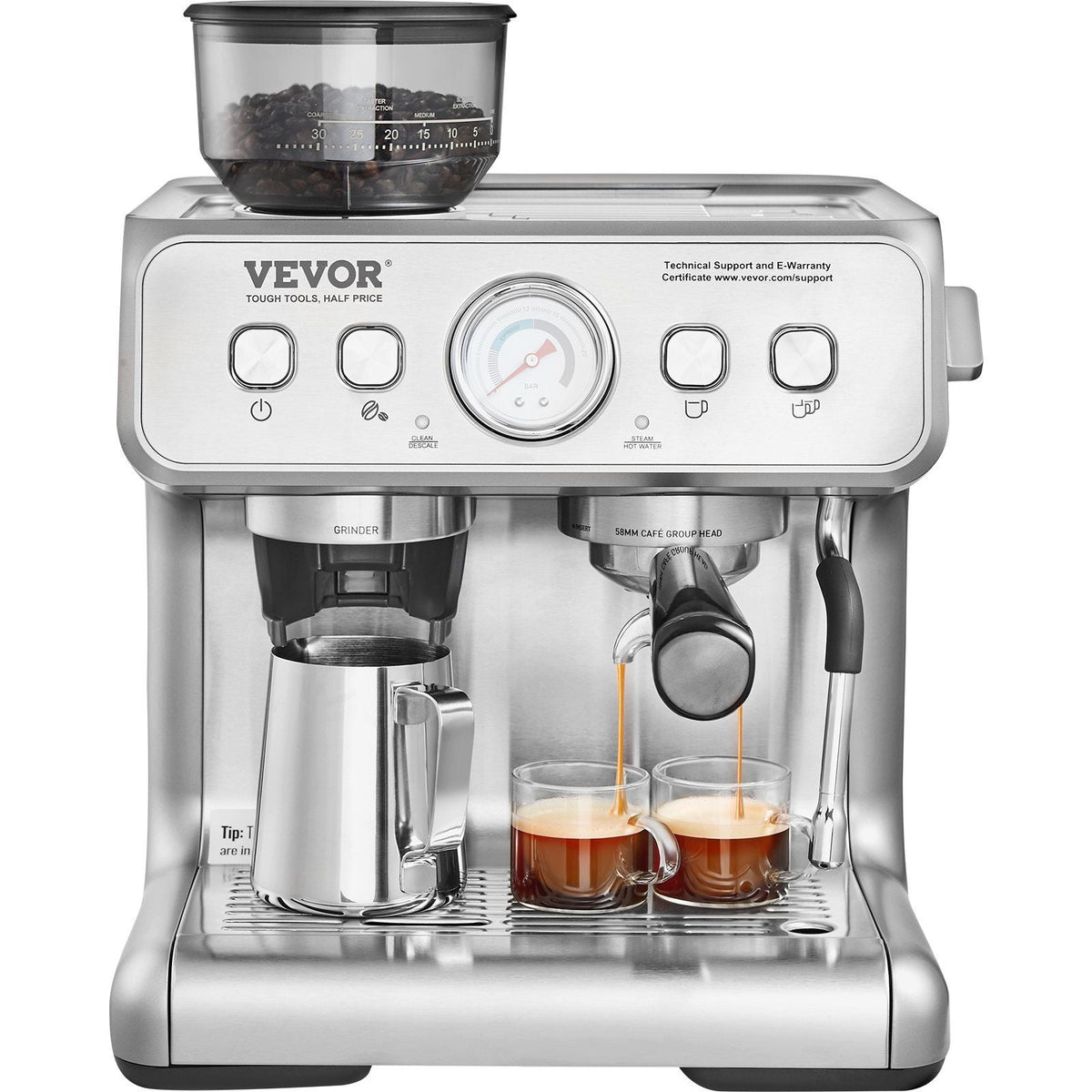 Espresso Machine with Grinder, 15 Bar Semi-Automatic Espresso Coffee