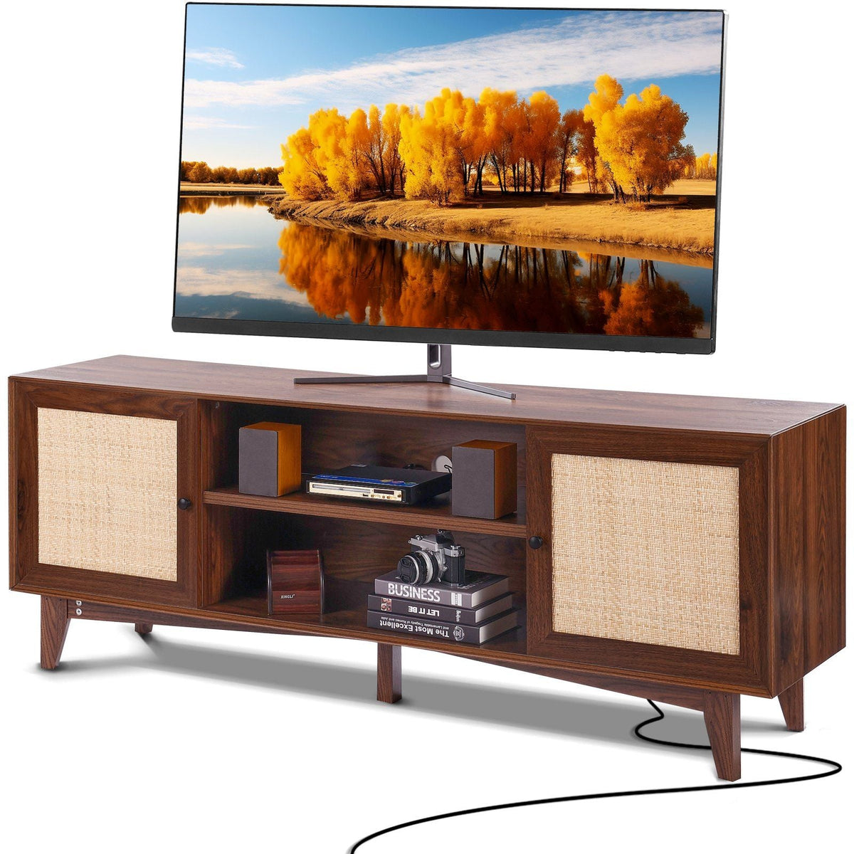 Rattan TV Stand for 75in TV Stand with Rattan Door, Build-in Sockets