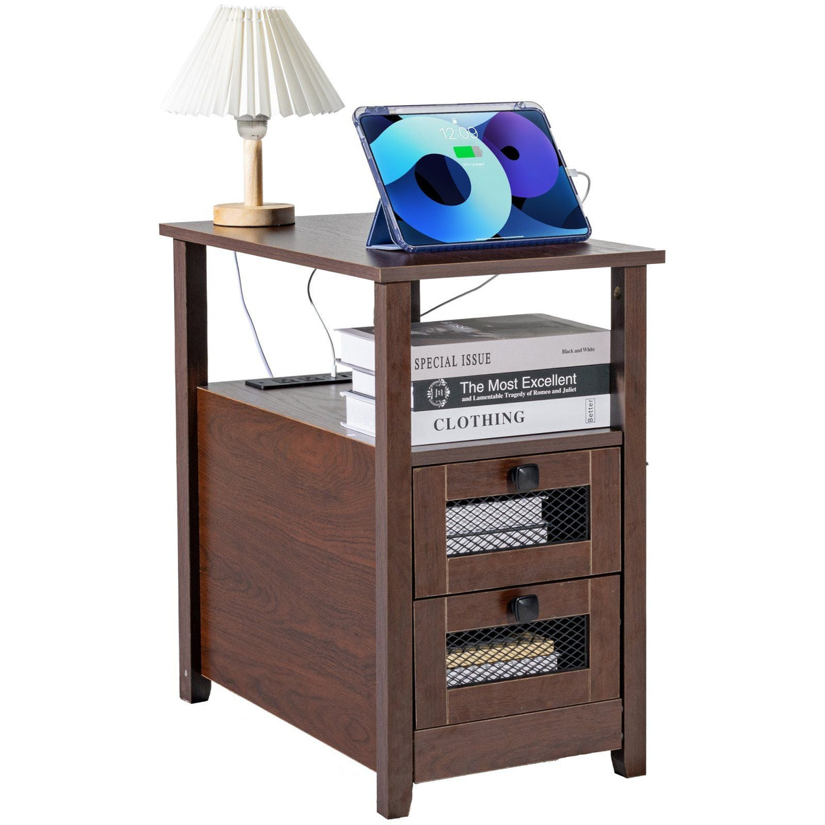 Farmhouse End Table with USB Ports and Outlets,