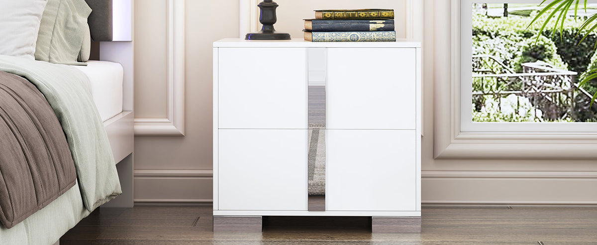 Elegant Nightstand with Metal Foot, Mirrored Bedside Table