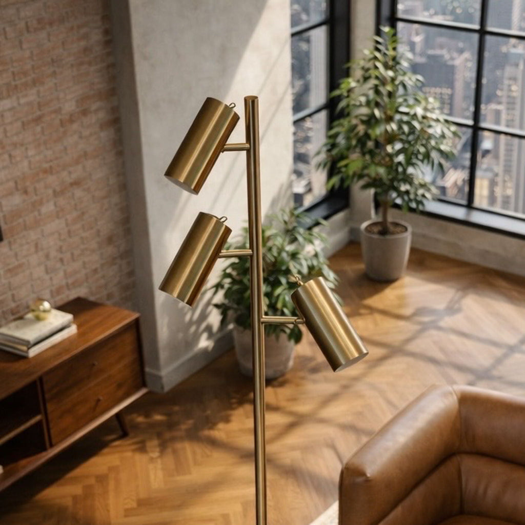 Floor Lamp With Rotary Switch Triple Spots Cone Base - Gold