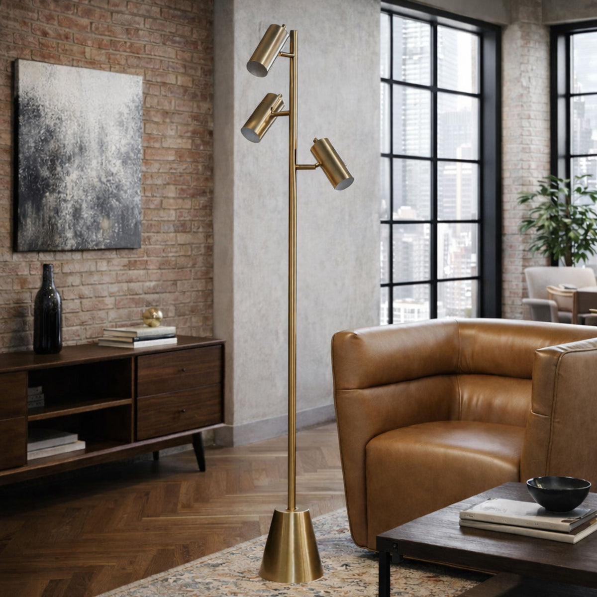 Floor Lamp With Rotary Switch Triple Spots Cone Base - Gold