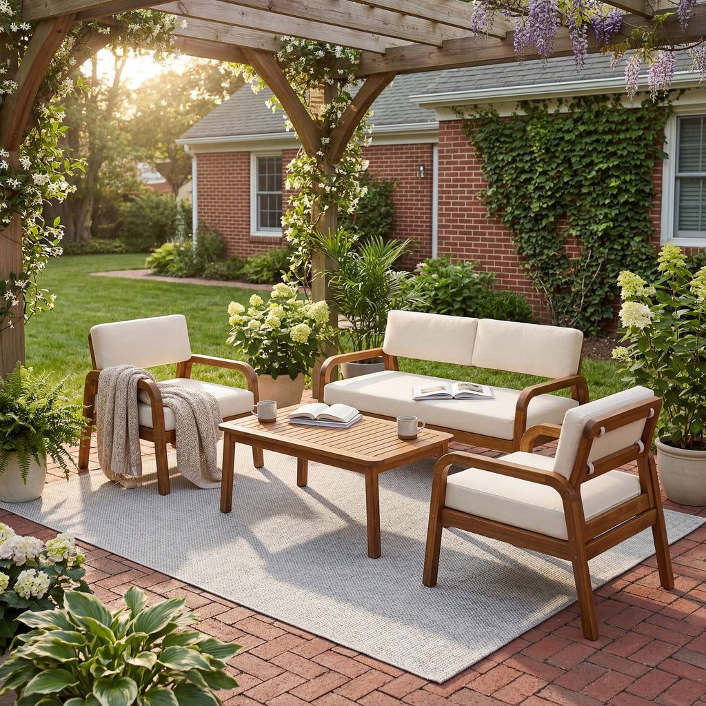 Teak 4-Piece Outdoor Sofa Set with Cushions - Patio Furniture