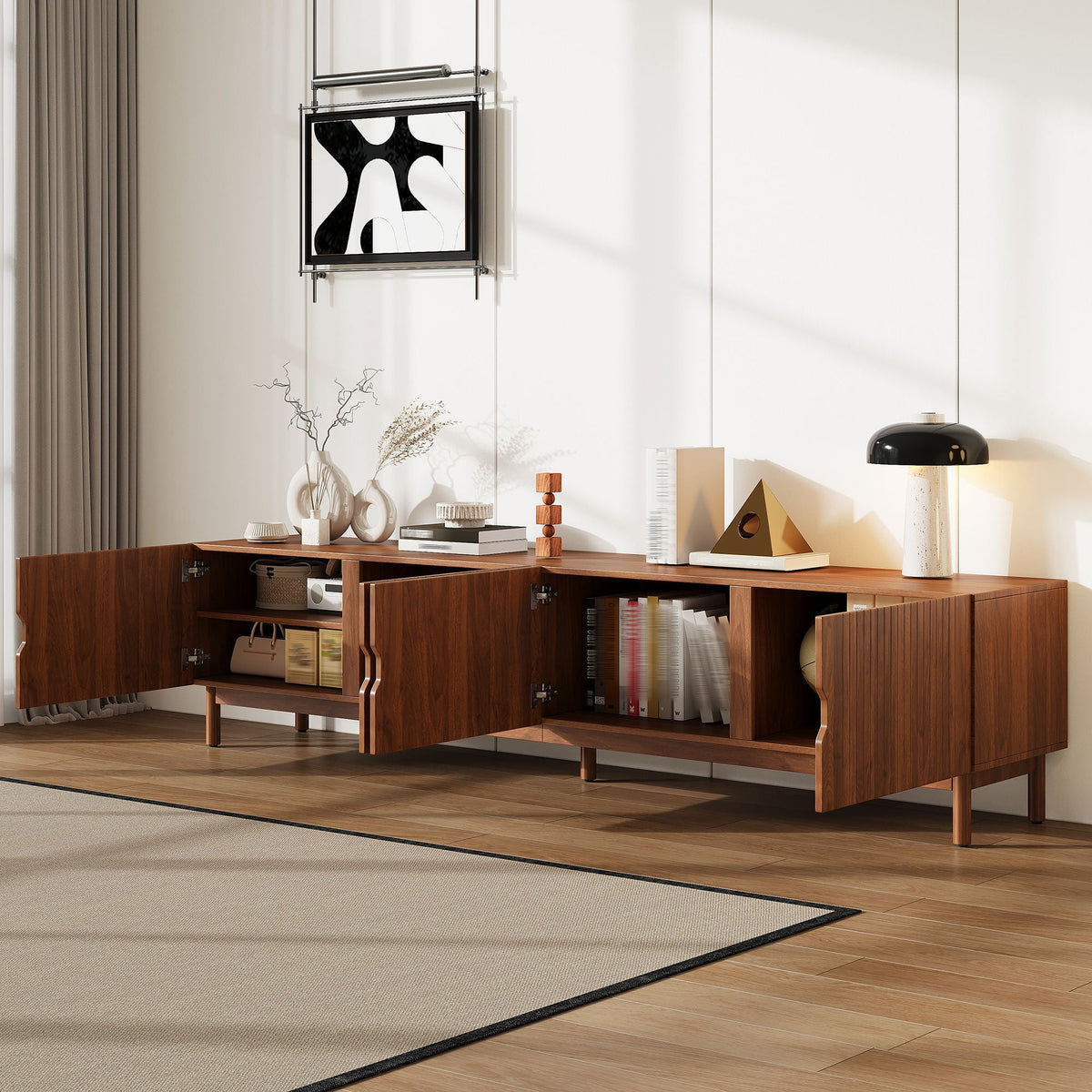 TV Stand With Legs, Media Console, 4 Cabinets