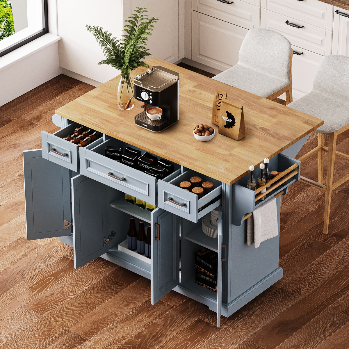 K&K 54-Inch Large Kitchen Island with Rubber Wood Drop Leaf