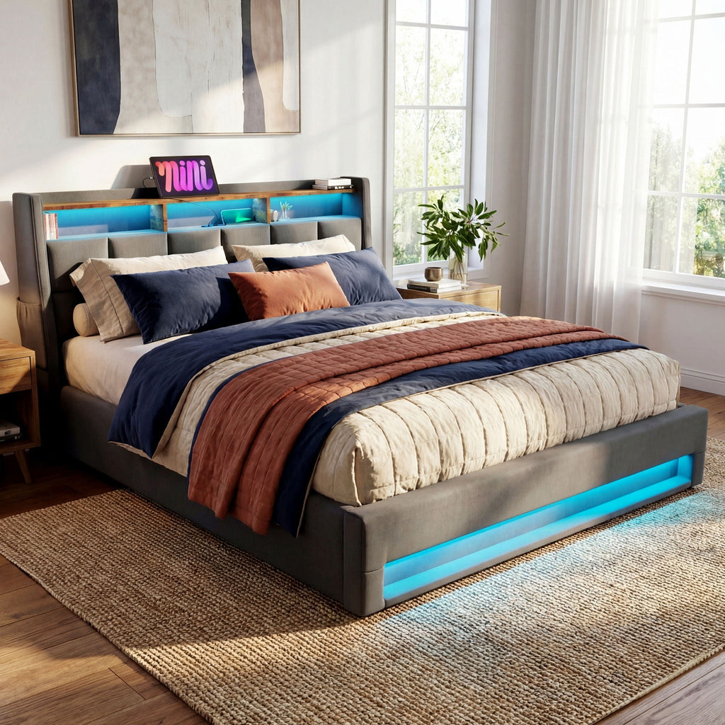 Upholstered Platform Bed With A Hydraulic Storage System, LED And USB Charging
