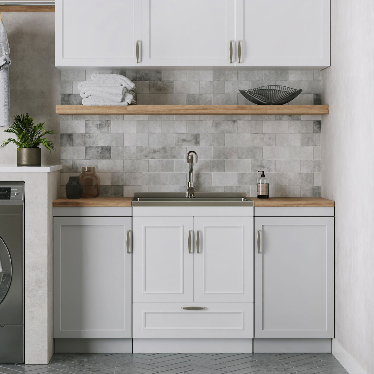 Laundry Cabinet With Faucet And Sink - White