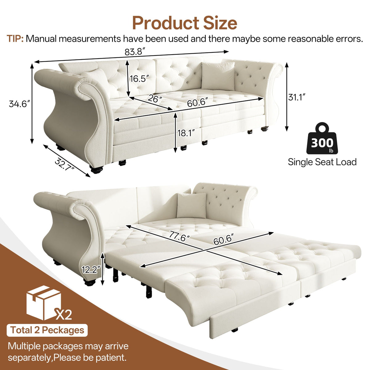 Oversized Chesterfield Pull Out Sofa Bed with Flower Tufting