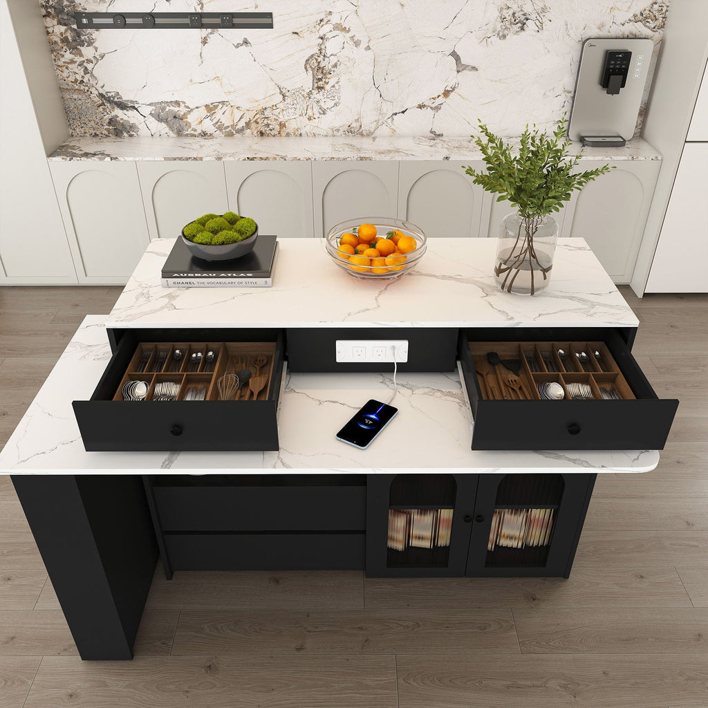 Kitchen Island, Extendable Rotating Table, 4 Drawers & Glass Doors