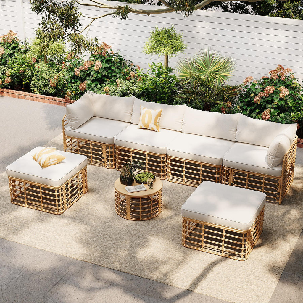 Patio Furniture, All-Weather Rattan Sectional Sofa Set With Thick Cushions And Pillows, Freely Combined Conversation Sets For Garden, Backyard, Balcony