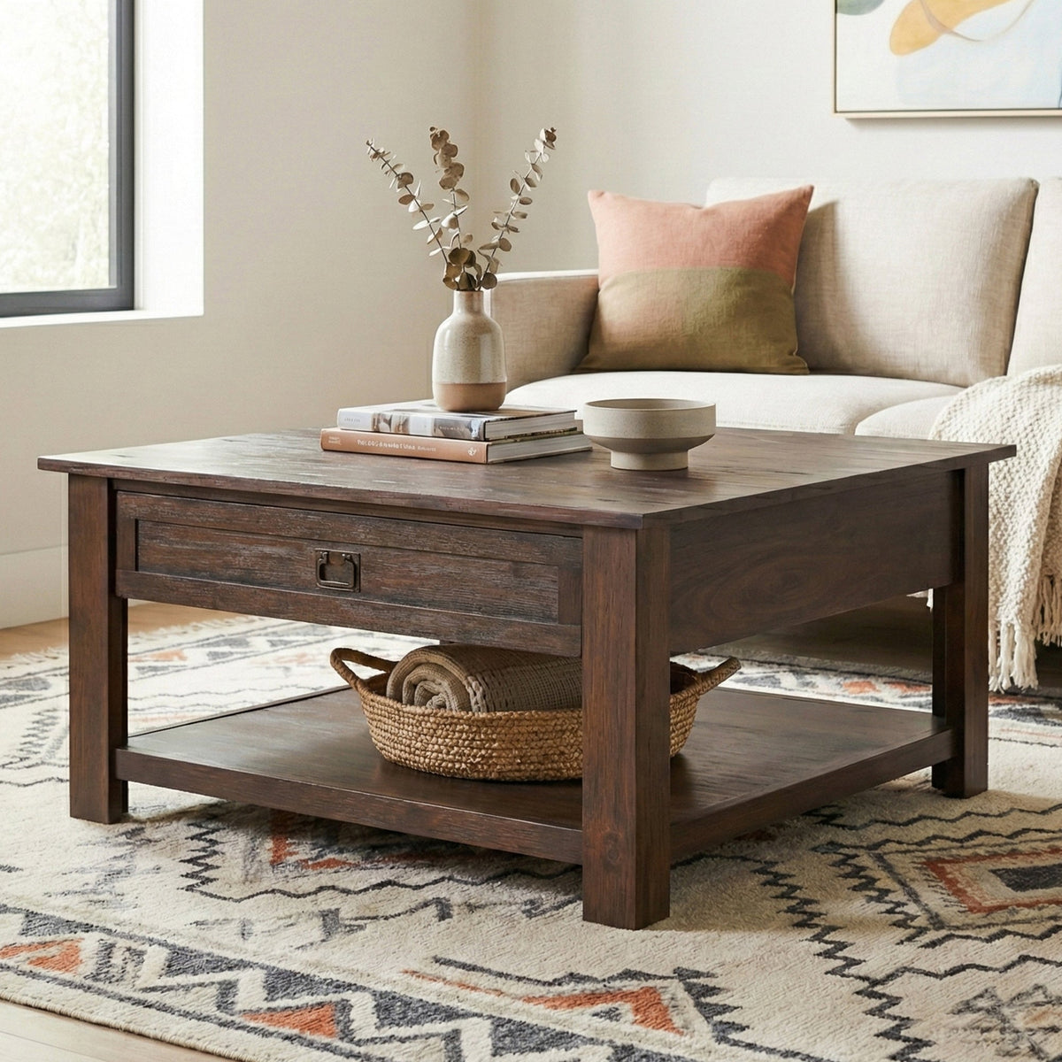 Monroe 38 Inch Wide Solid Acacia Wood Square Coffee Table
