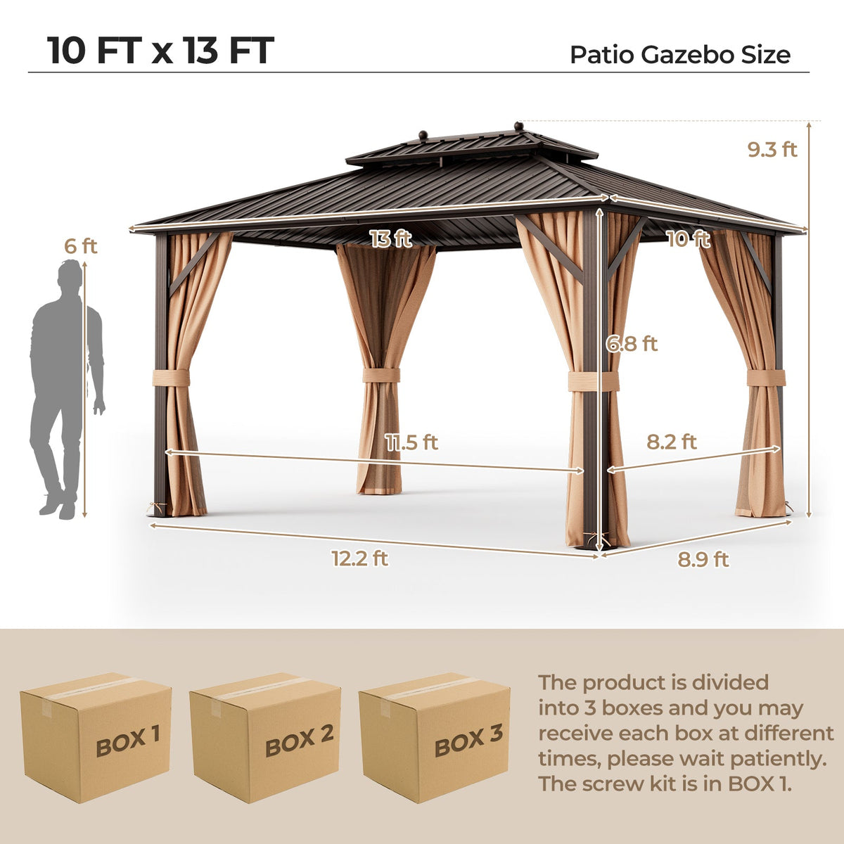 10x13ft Double-Roof Patio Hardtop Gazebo with Galvanized Steel Roof Netting and Curtains