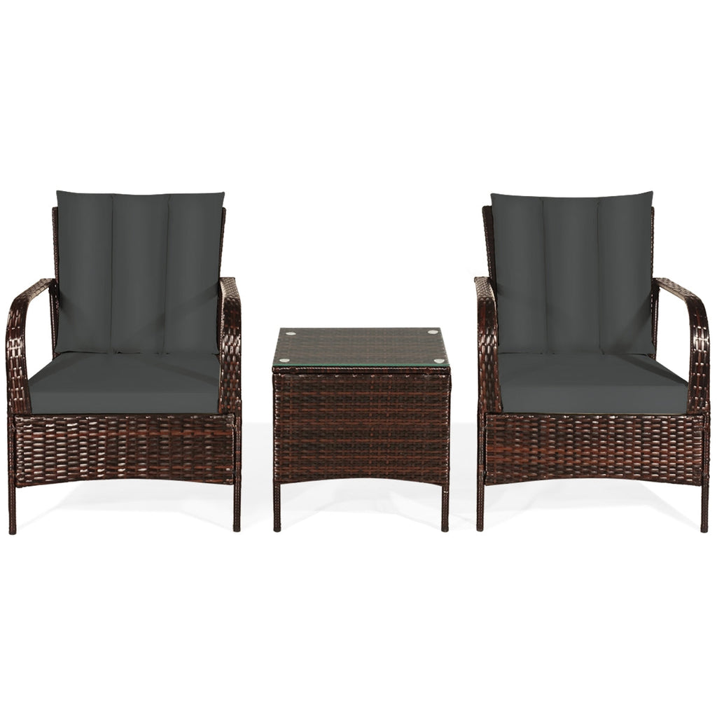 3 Pcs Patio Rattan Furniture Set with Glass Top Coffee Table and Cushions