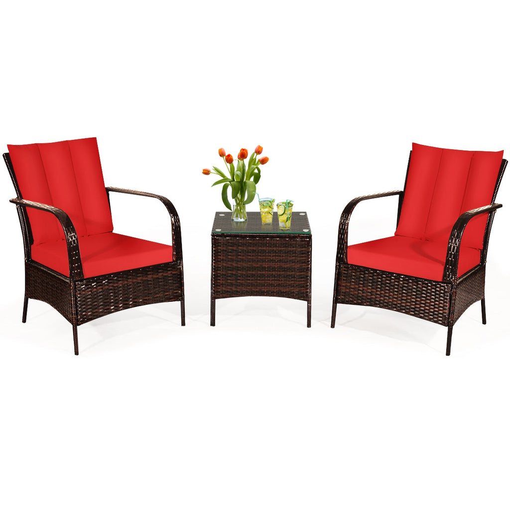 3 Pcs Patio Rattan Furniture Set with Glass Top Coffee Table and Cushions