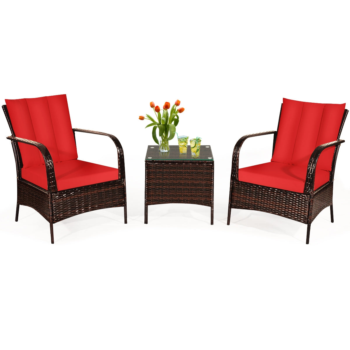 3 Pcs Patio Rattan Furniture Set with Glass Top Coffee Table and Cushions