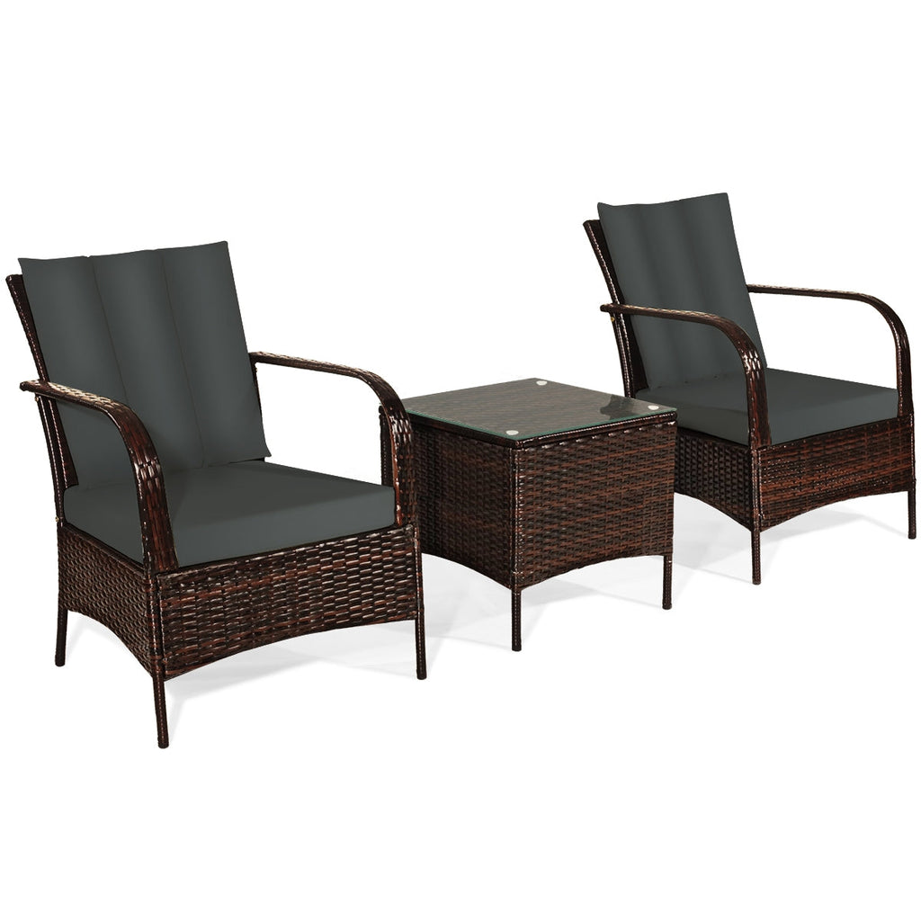 3 Pcs Patio Rattan Furniture Set with Glass Top Coffee Table and Cushions