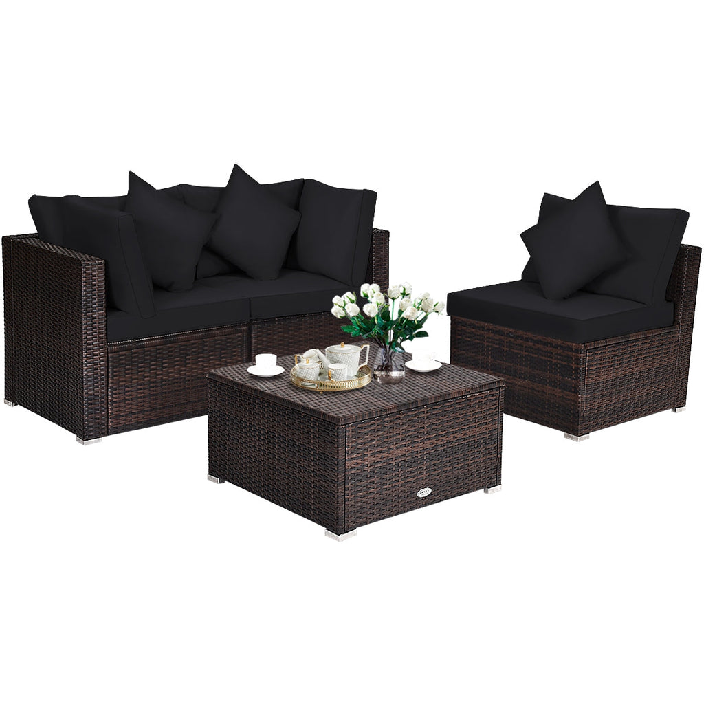 4 Pieces Ottoman Garden Patio Rattan Wicker Set with Cushion-Gray