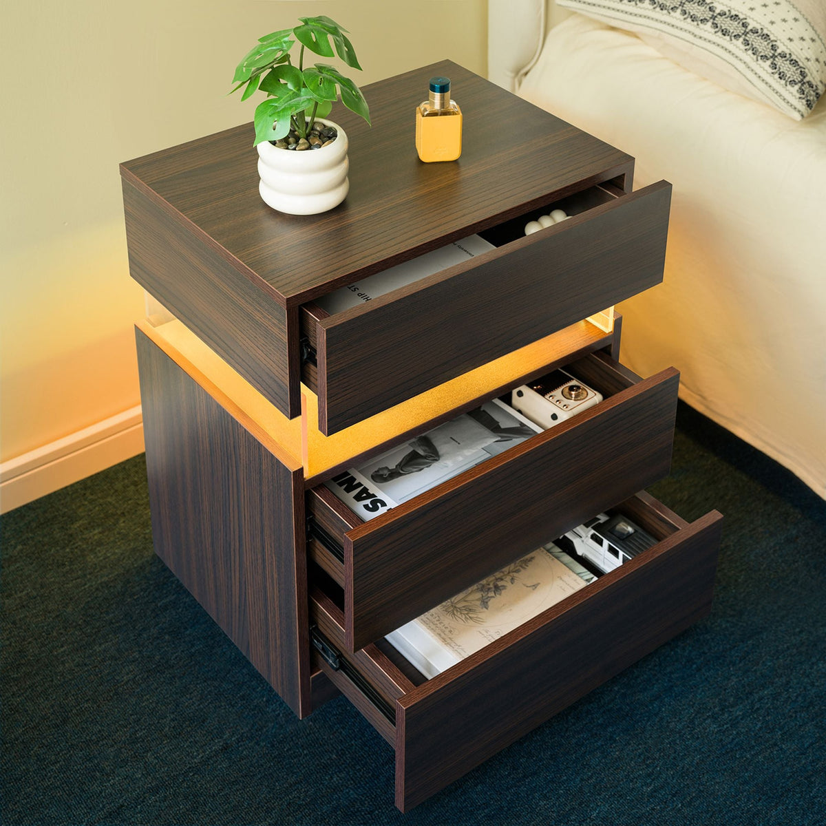 LED Nightstand 3 Drawer Dresser for Bedroom End Table with Acrylic Board LED