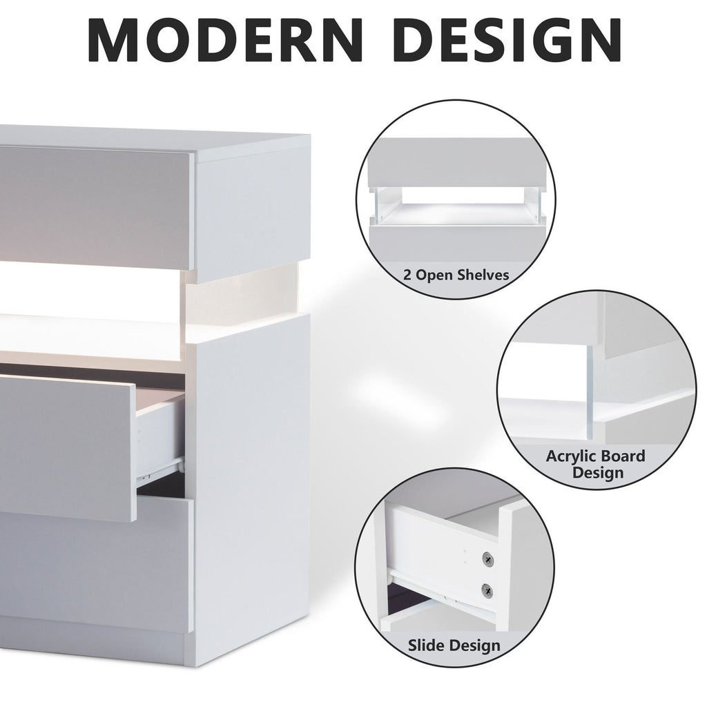 LED Nightstands 3 Drawer Dresser for Bedroom End Table with Acrylic Board LED