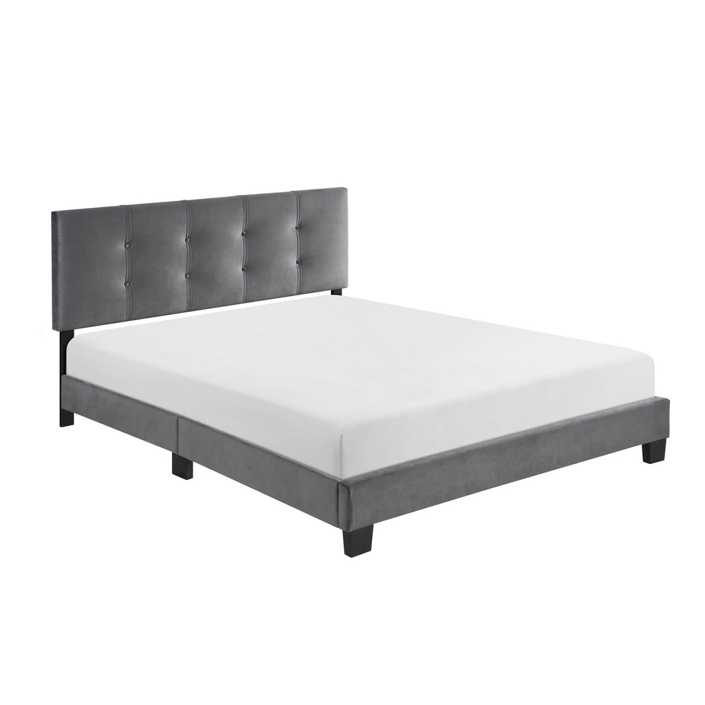 1pc Queen Platform Bed Dark Gray Velvet Upholstered Adjustable Height Headboard